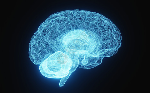 在孤立的黑色背景上以蓝色线框显示人脑的发光 X 射线图像 科学和医学概念 大脑的一侧 3D插画渲染核磁共振颅骨放射科插图全息显示图片