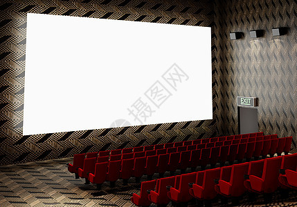 空白的白色发光电影院屏幕 带有逼真的红色排座椅和空复制空间背景的椅子 电影首映和娱乐概念 3D插画渲染礼堂房间会议体育场音乐会音图片