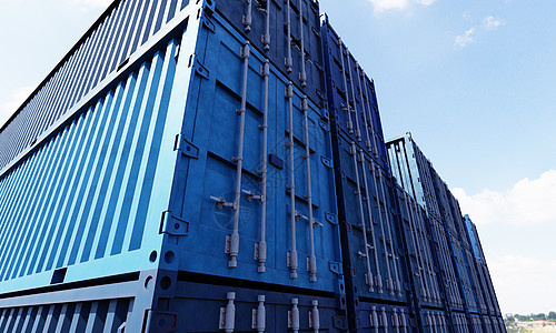 堆有天空背景的蓝色容器箱子 进出口物流的货物运输 商业和运输概念 3D插画渲染商品送货建筑学贸易经济码头仓库出口货运港口图片