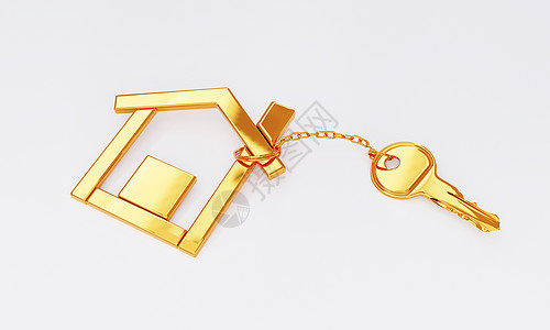 与金黄现代房子形状钥匙扣的金钥匙链在白色背景 商业建设和建筑理念 3D插画渲染图片