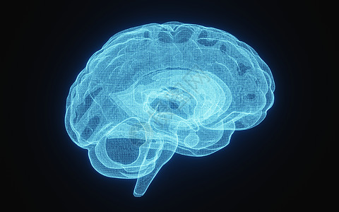 在孤立的黑色背景上以蓝色线框显示人脑的发光 X 射线图像 科学和医学概念 大脑的一侧 3D插画渲染全息器官扫描颅骨核磁共振身体显图片