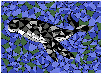 带有抽象鲸鱼的彩色玻璃风格的彩色说明图片