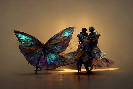 一对人类蝴蝶的数码艺术 三维插图蓝色珍珠圆圈昆虫金属工作科学金子机器人舞蹈图片