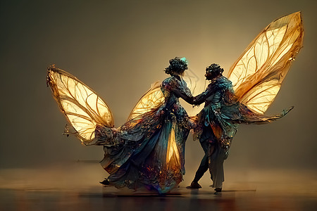 一对人类蝴蝶的数码艺术 三维插图金子金属珍珠机器人蒸汽舞蹈夫妻圆圈奢华蓝色图片