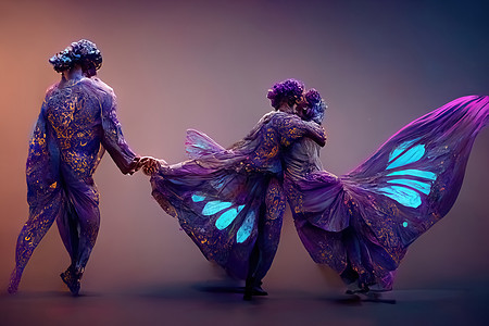 一对人类蝴蝶的数码艺术 三维插图工作金属舞蹈蒸汽首饰圆圈蓝色海报夫妻科学图片