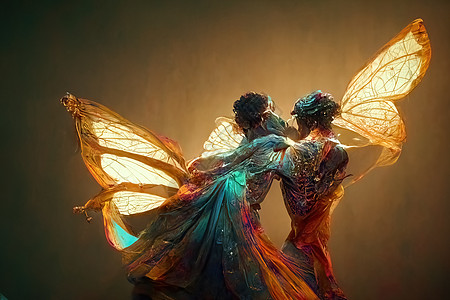 一对人类蝴蝶的数码艺术 三维插图蒸汽圆圈金属珍珠舞蹈金子海报科学夫妻蓝色图片