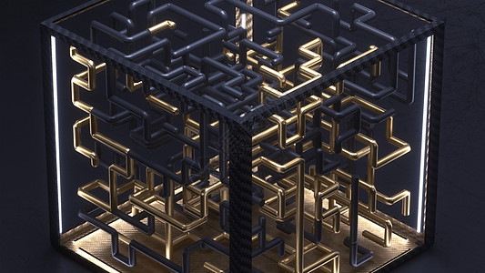 3d 使里面有金和黑迷宫动画的立方体技术墙纸小路艺术谜语科学插图地下室男人横幅图片
