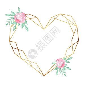 金多边心形框 白底的粉红色花朵被孤立图片