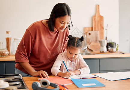 母亲教女儿 在家里的厨房餐桌上做作业 一起学习时结合 慈爱的父母帮助她的孩子完成学校项目或任务 享受在家上学的自闭症儿童图片