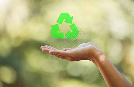 手 特写回收标志与散景效果背景隔离 可持续生活的零废物 生态和环境标志 保护和拯救地球的清洁和环保习惯图片