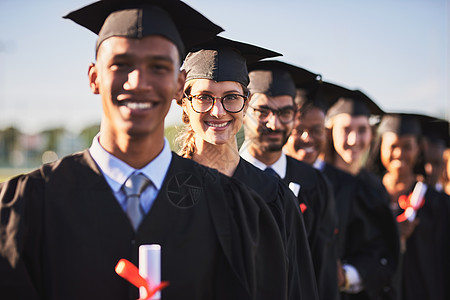 毕业是结束也是开始 一位面带微笑的大学生在毕业典礼那天与背景中的同学的画像图片