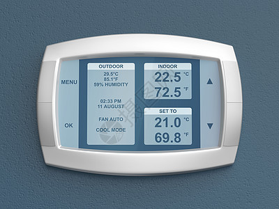 蓝色墙上的智能自动调温器背景图片