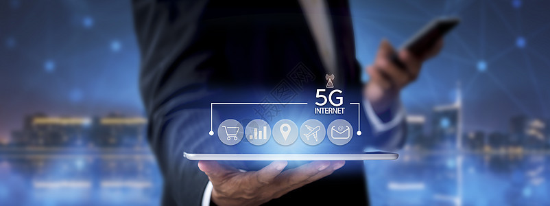 商业网络通信概念 5G 网络互联网移动无线 5g 互联网连接您手中的所有活动购物 金融 旅游 位置 联系人等与复制空间横幅服务服图片