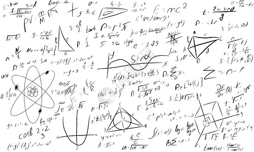 数学黑板插图 物理求解方程黑板 用几何类问题解决方案或代数公式绘制草图 高等数学智力或复杂的计算混乱图片