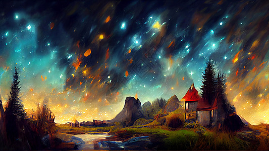 美丽的星夜 天空多彩 还有梦幻般的景色蓝色冥想爬坡草地山脉时间荒野插图农村星星图片