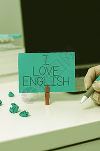 手写符号我爱英语 对国际语言语法商务人士有感情的话语代表了我们成功团队合作的开诚布公的掌心 (笑声)图片