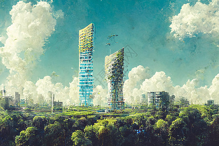 显眼的数字艺术3D说明生态未来城市的树木丰富多彩摩天大楼技术建筑绿色建筑学商业藤蔓阳台社会公司图片