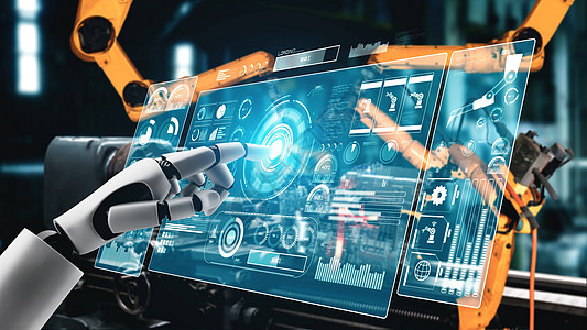 机器人和人Cybernated 工业机器人和机械臂 用于工厂生产中的组装手臂技术全息电子人创新自动化转型生产线动物工程背景