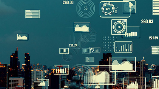 商业数据分析界面在智能城市上空飞过 显示改变的未来全球化办公室现实成功社交网络软件建筑手机营销图片