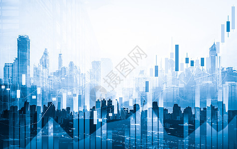 金融图表与现代城市领域重叠 用于商业概念 b 财务图表办公室生长数据银行统计全景市场景观经济贸易图片
