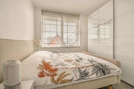 现代公寓中的轻光卧室日光架子衣柜毯子风格家具阴影羽绒被植物框架图片