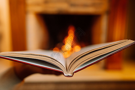 从壁炉背景中看到对燃烧火的公开书籍的触目惊心的看法 文件文献 教育概念女孩棕榈女性阅读文学小说女士旧书闲暇学生图片