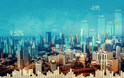金融图表与现代城市领域重叠 用于商业概念 b 财务图表基金投资外汇生长全景货币市场贸易数据训练图片