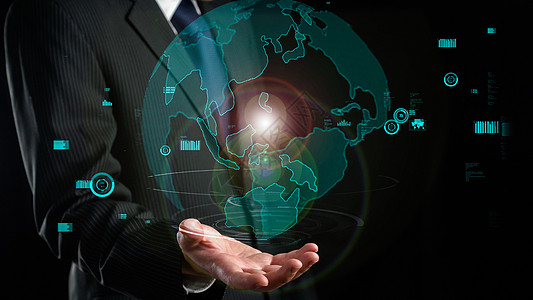 商务人士展示全球商业通信传动技术的全息全息图营销生长市场电脑软件人士界面服务金融数据图片