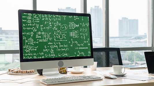 计算机屏幕上的数学方程式和摩式公式Name计算器桌子老师学习药片商务代数职场人士男人图片