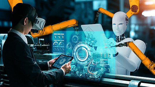 网络化工业机器人和工人在未来工厂中共同工作的人类工人以及电子人交易现实电脑人工智能制造业机械技术员男人协议图片