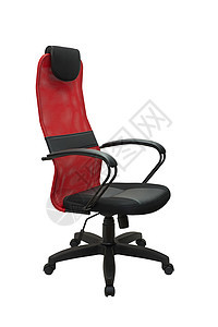 白色背景 侧视图上孤立的轮椅上的红色办公室织物椅子工作轮子机动性扶手椅座位皮革家具剪裁文员图片