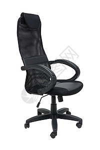 白色背景 侧视图上孤立的轮椅上的黑色办公室黑布工作车轮扶手椅轮子弯头文员座位椅子皮革商业图片