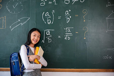 快乐的亚洲美丽的女学生站在教室黑板前拿着书本的课堂上女孩欢欣鼓舞背包幼儿园教育小学童年学校粉笔女性黑色微笑图片