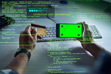 用电话 绿屏色键标记或复制空间和科幻图形数据破解信用卡 赛博朋克 信息技术或软件黑客在网上窃取或使用恶意软件进行网络钓鱼图片