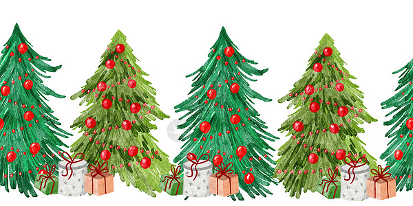 水彩无缝的手与圣诞树接壤 冬季十二月 森林木林园装饰 雪饰中的松果锥形枝 水平剪裁框新年问候语枝条卡片针叶框架手绘装饰品插图假期图片