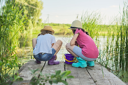 女孩坐在木码头上 在桶里抓水蜗牛友谊幸福码头童年闲暇享受游戏快乐孩子们朋友图片