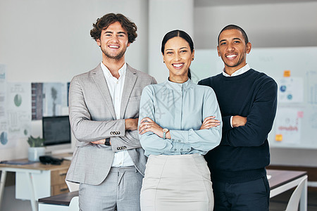 团队合作 团结和团结 同事们在办公室工作时双臂交叉站立的企业团队肖像 具有成长心态的年轻 积极进取和雄心勃勃的商务人士背景图片