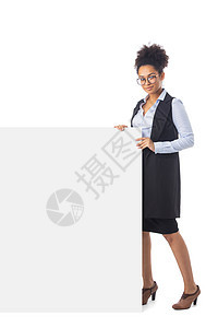 有横幅的黑人商业妇女展示女士广告牌商务职员眼镜工人广告女孩企业家图片