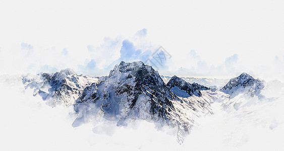 水彩画 高山冰雪覆盖的高山图画艺术首脑绘画手绘冰川滑雪插图天线草图天空图片