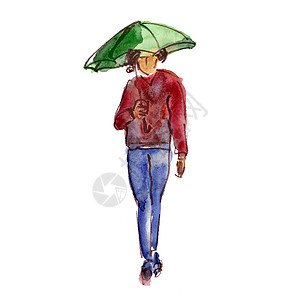 手画水彩图 说明一名女孩在雨伞下行走图片