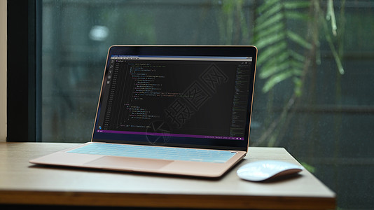 软件开发公司屏幕上有编程代码的手提电脑和无线滑鼠木制办公台;软件开发公司图片