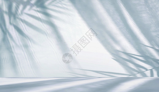 产品展示的最小抽象光蓝背景 石膏墙上热带叶和窗帘的阴影 (掌声 请看)图片