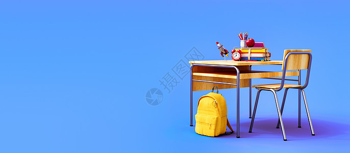 书桌 有学校附属和黄色背包 蓝色背景3D招标桌子贮存知识教育大学科学木板创造力粉笔办公室图片