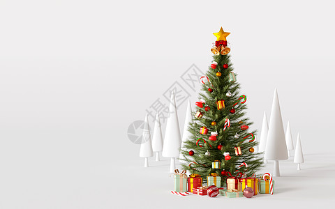 3d 圣诞树插图 带有白色背景的礼品盒图片