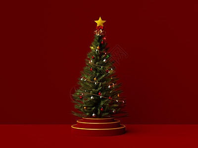 红背景讲台上的圣诞树 3个插图图片