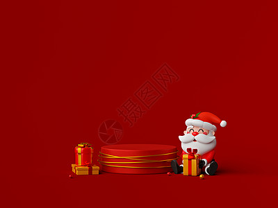 金红色背景圣诞老人坐在讲台旁边 带圣诞礼物3D插图背景