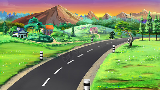 山地景象路段图旅游卡通片小路绘画数字插图牧歌色彩绿色农村图片