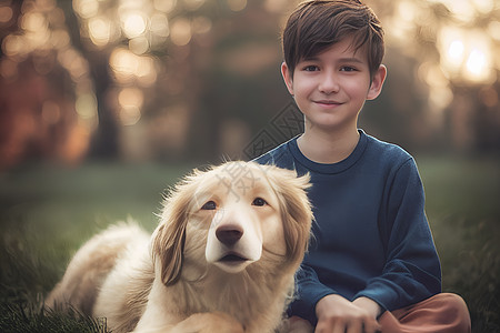 3DRender Boy和他的狗是最好的朋友 与漂亮的点燃的bokeh青少年背景宠物家庭小狗草地斗牛犬孩子乐趣男生图片