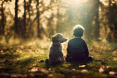 3DRender Boy和他的狗是最好的朋友 与漂亮的点燃的bokeh孩子背景童年伴侣场地青少年拥抱朋友友谊家庭图片