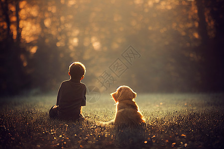 3DRender Boy和他的狗是最好的朋友 与漂亮的点燃的bokeh童年草地动物朋友孩子犬类乐趣训练公园男生图片